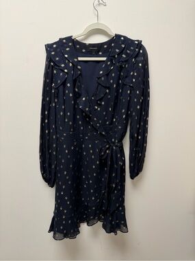 Navy Long-Sleeve Wrap Dress with Gold Star Print